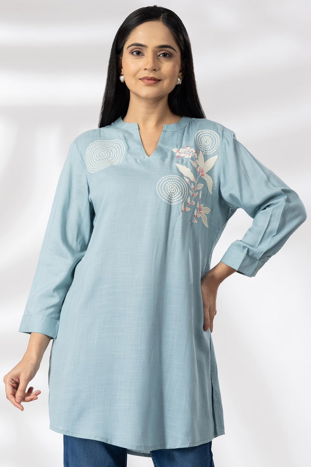 Sky Blue Embroidered Viscose Mandarin Collar Tunic