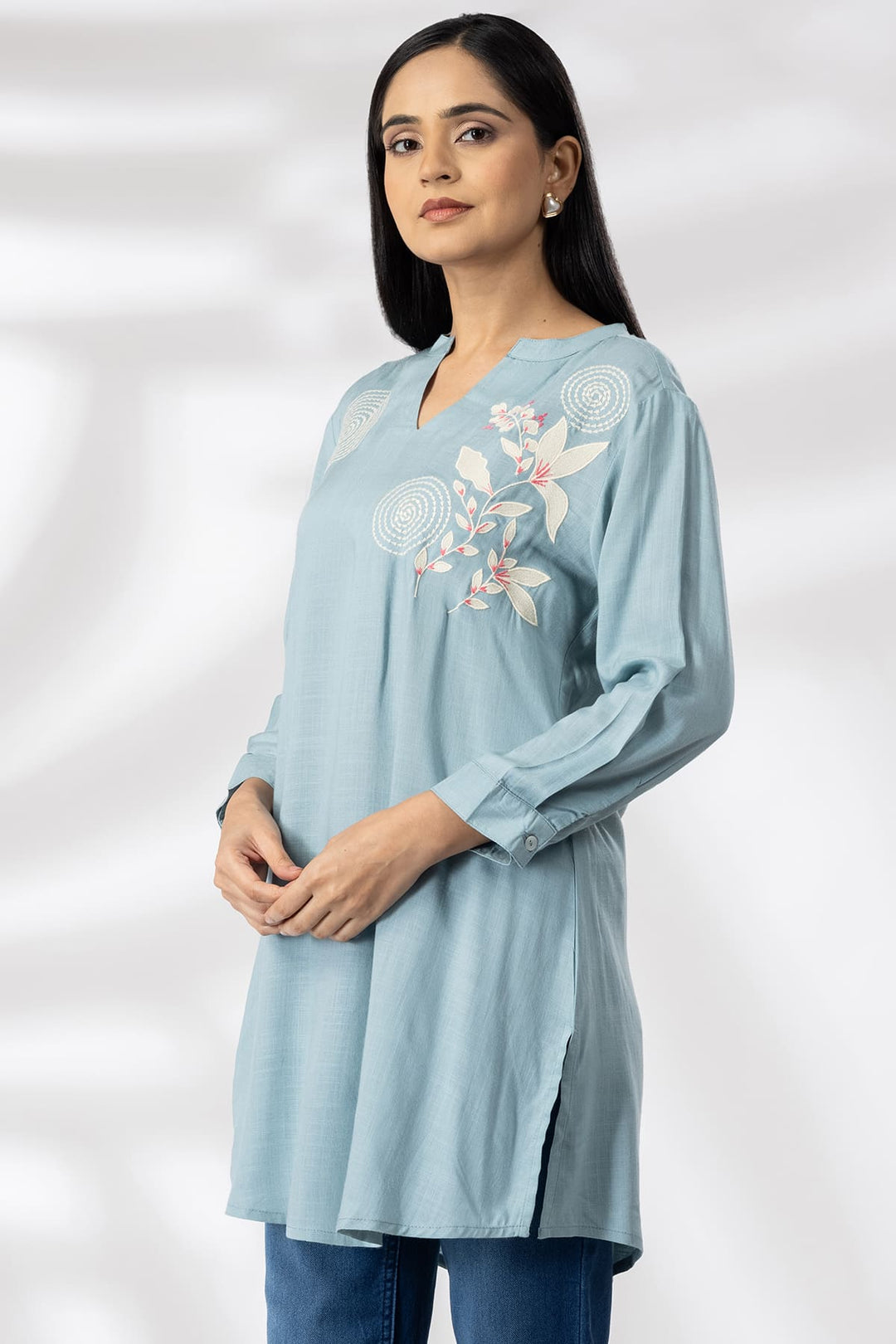 Sky Blue Embroidered Viscose Mandarin Collar Tunic