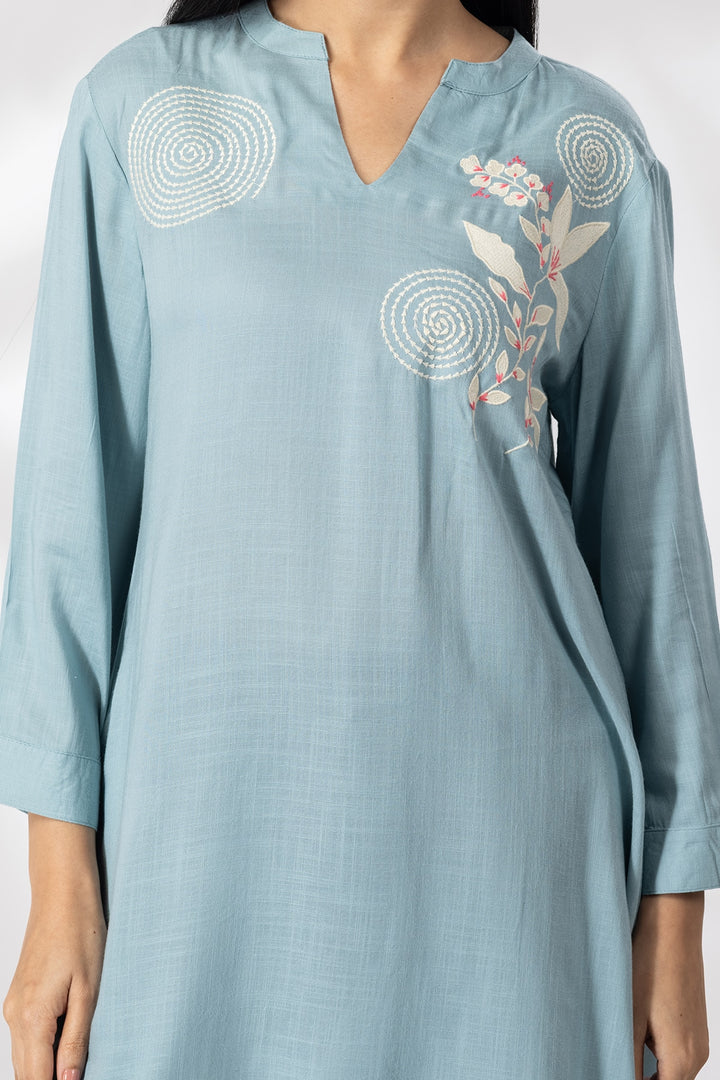 Sky Blue Embroidered Viscose Mandarin Collar Tunic