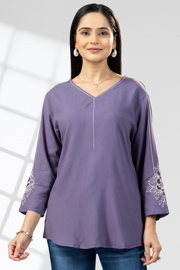 Purple V-Neck Embroidered Top