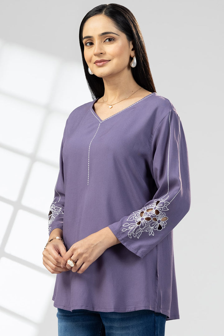 Purple V-Neck Embroidered Top