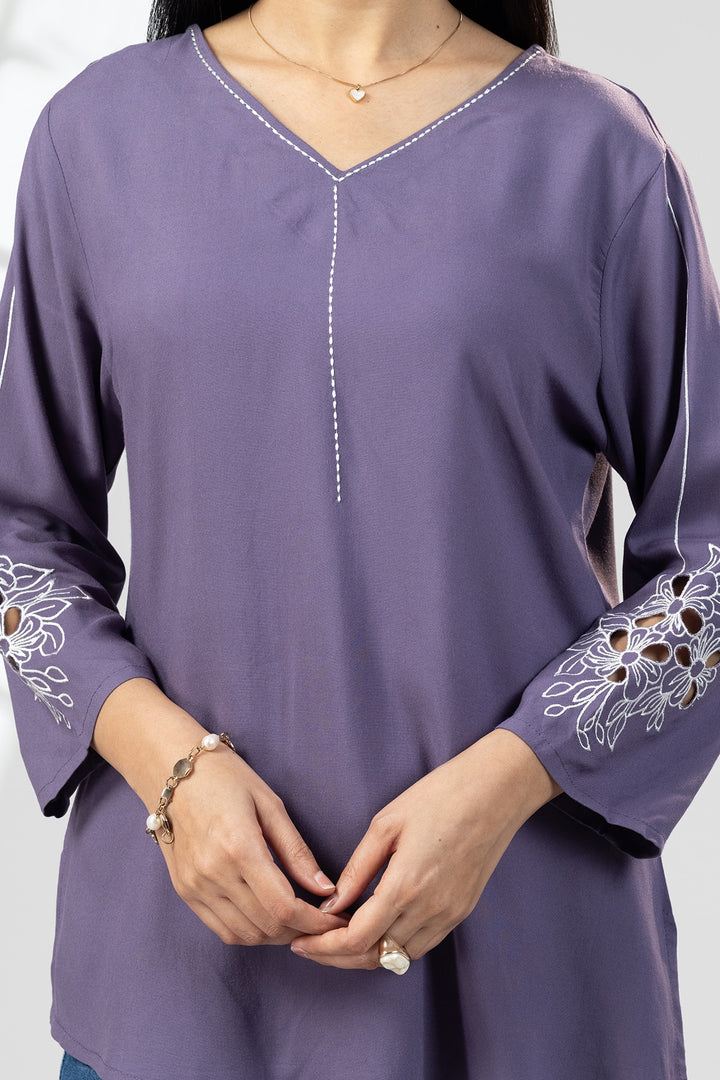 Purple V-Neck Embroidered Top