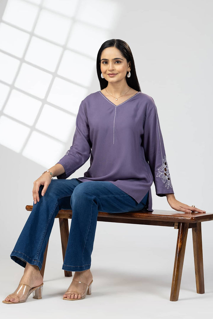 Purple V-Neck Embroidered Top