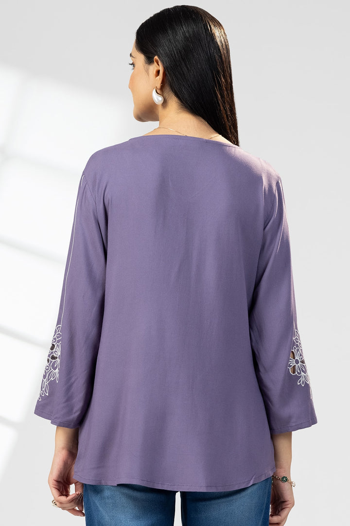 Purple V-Neck Embroidered Top