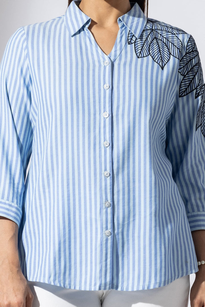 Blue Collared Embroidered Viscose Shirt