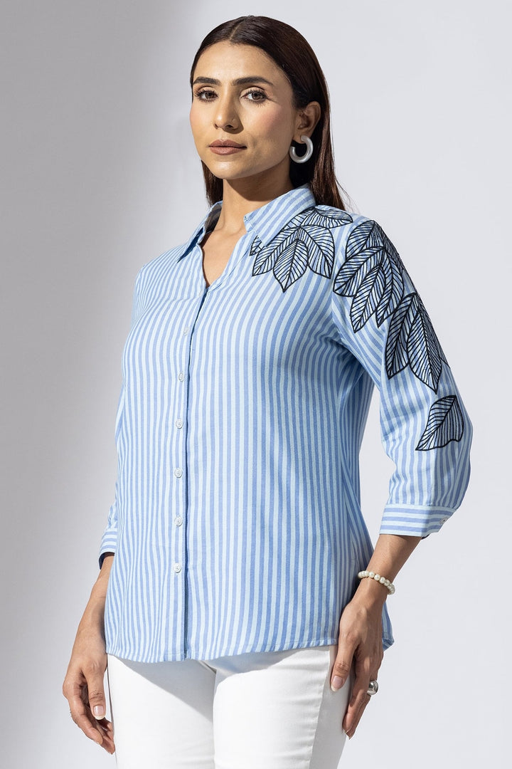 Blue Collared Embroidered Viscose Shirt