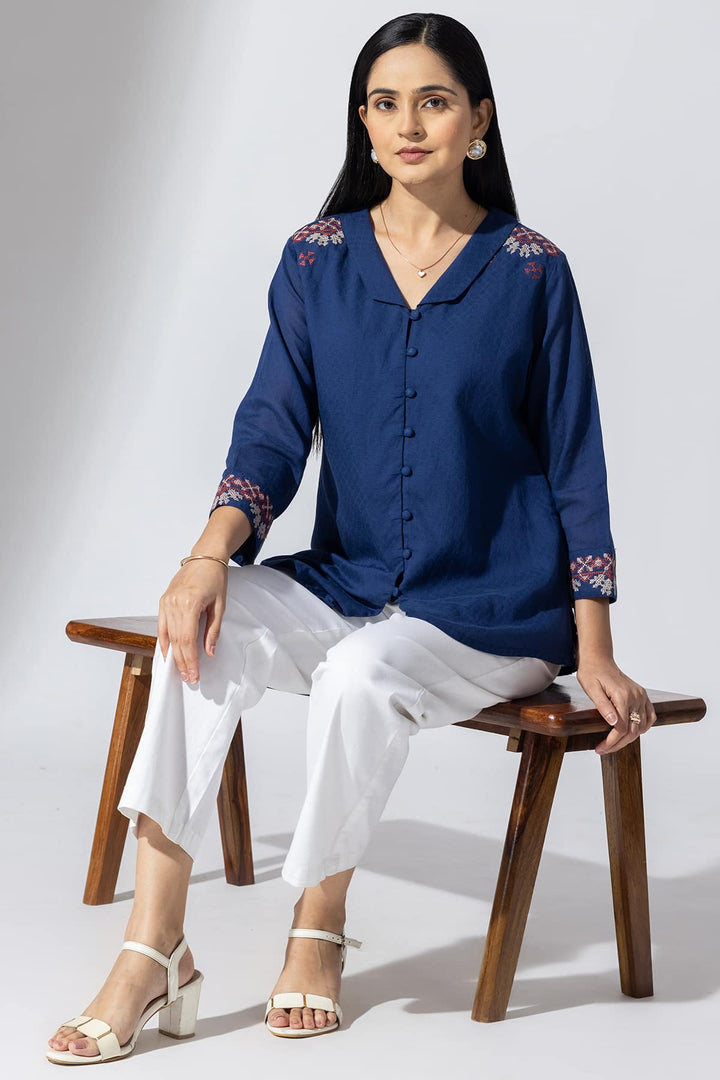 Azure Embroidered Cotton Dobby Shirt