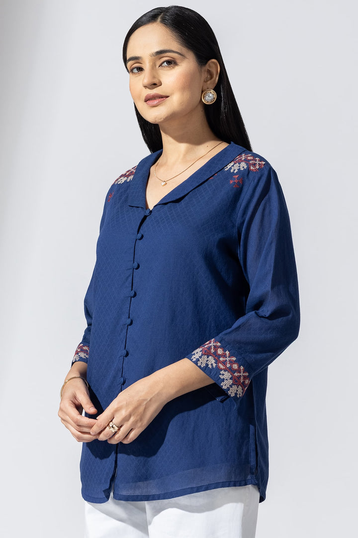 Azure Embroidered Cotton Dobby Shirt