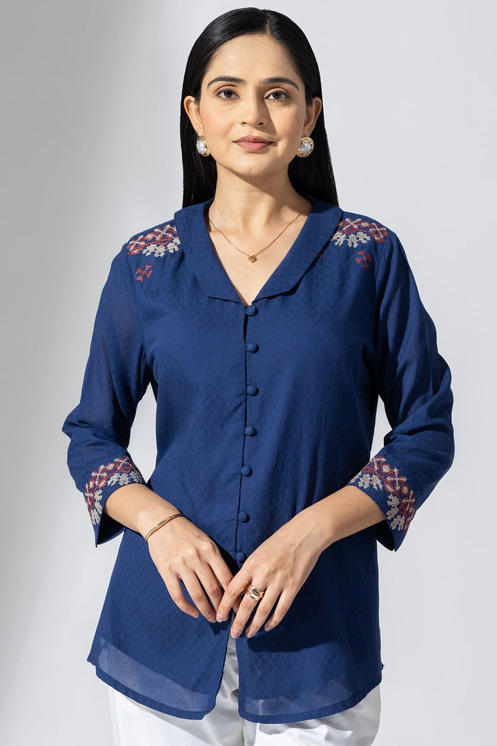 Azure Embroidered Cotton Dobby Shirt