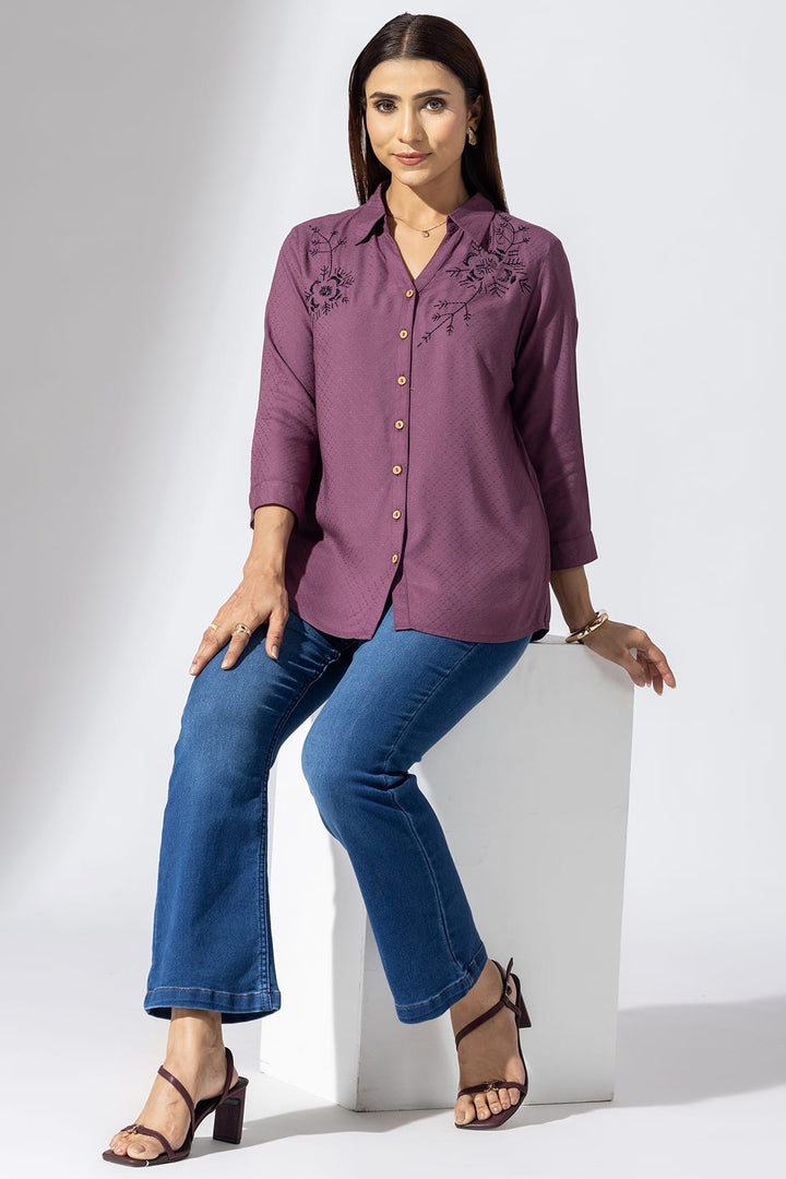 Mauve Embroidered Viscose Dobby Shirt