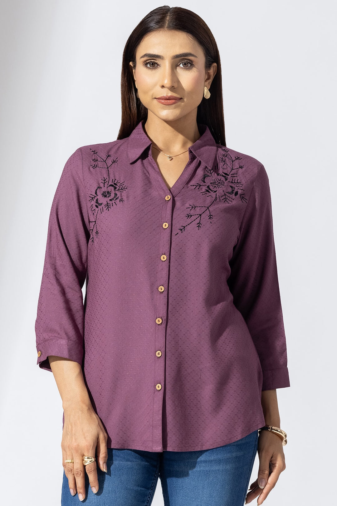 Mauve Embroidered Viscose Dobby Shirt