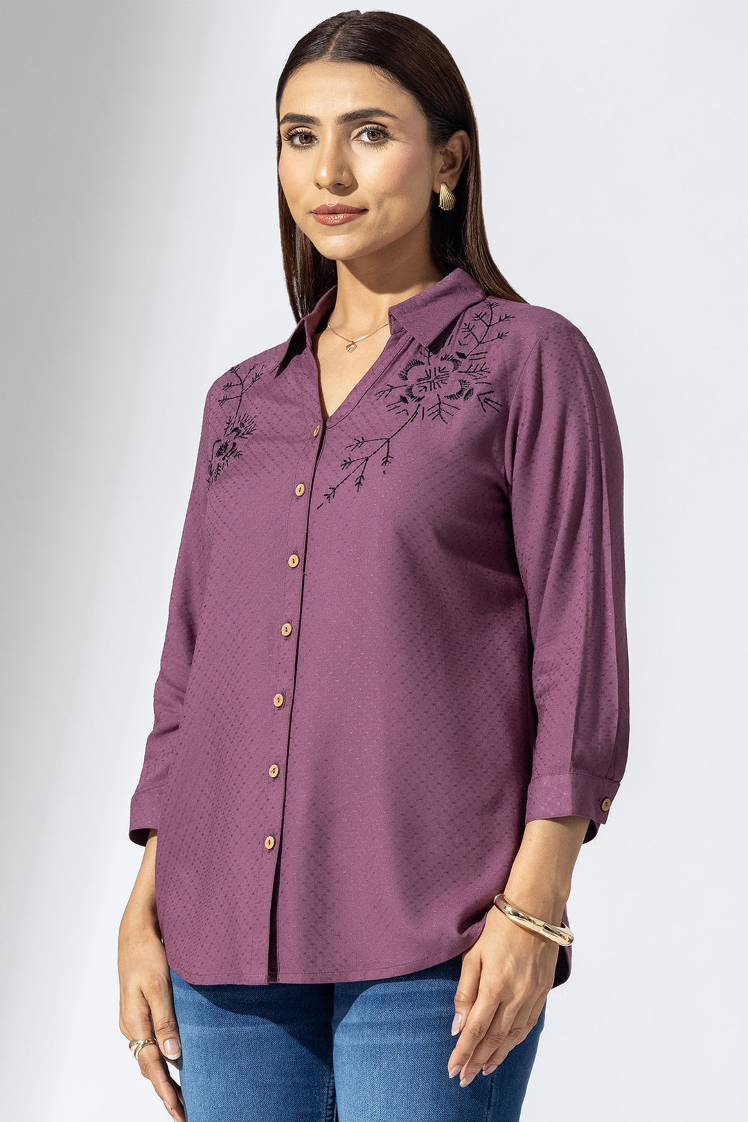 Mauve Embroidered Viscose Dobby Shirt