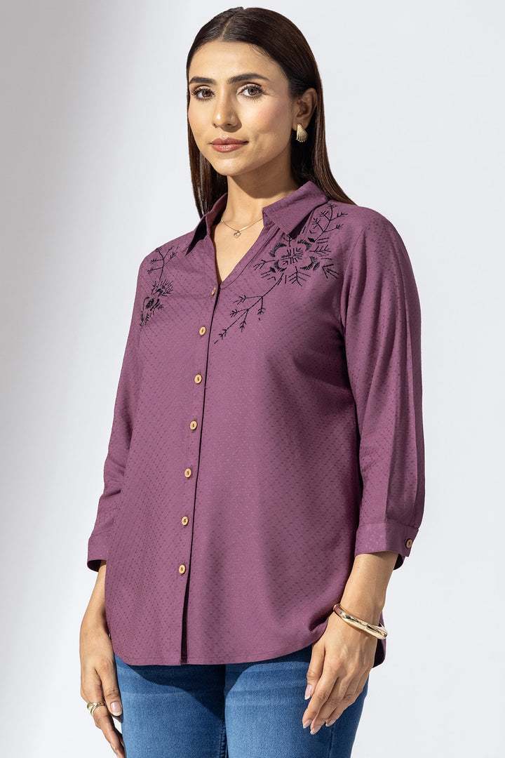 Mauve Embroidered Viscose Dobby Shirt