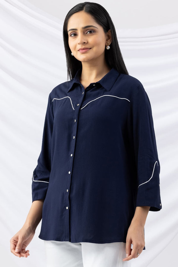Navy Embroidered Rayon Shirt