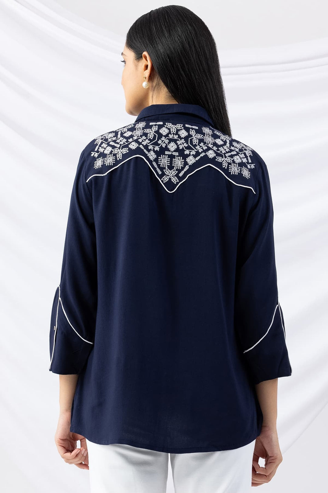 Navy Embroidered Rayon Shirt