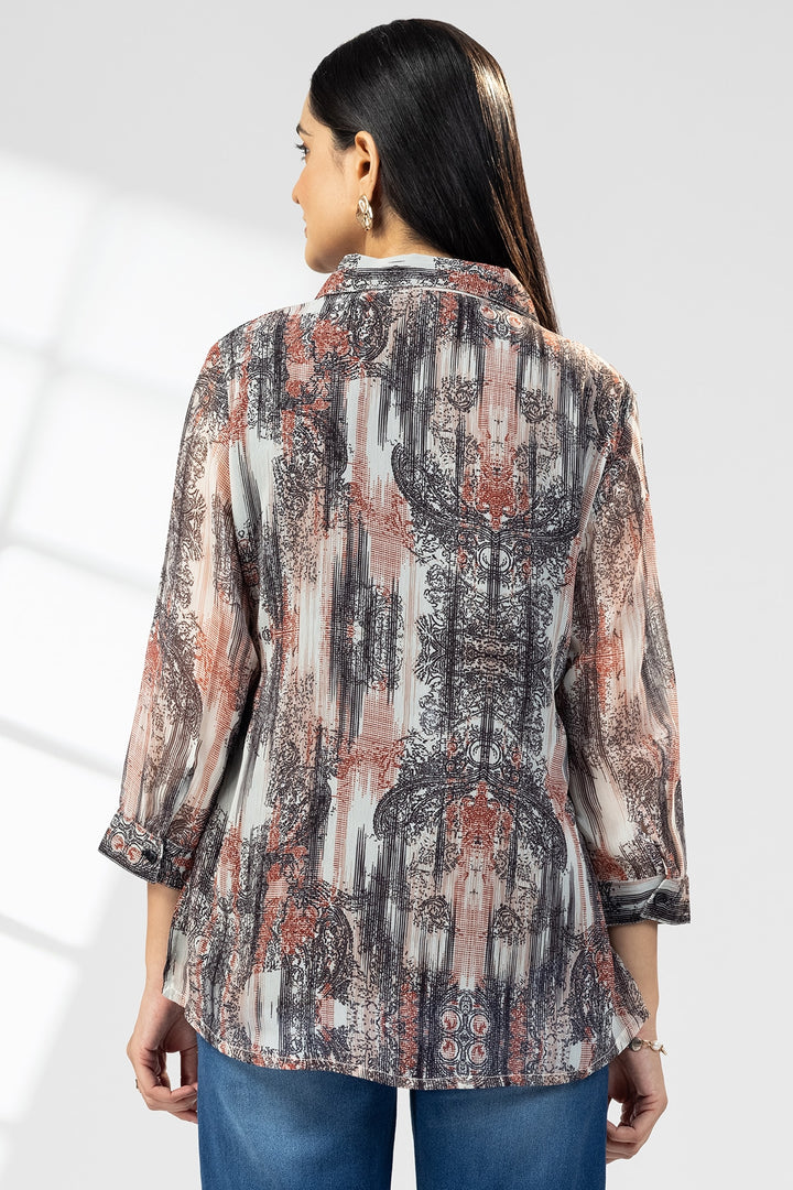 Red &amp; Black Printed Chiffon Collared Shirt