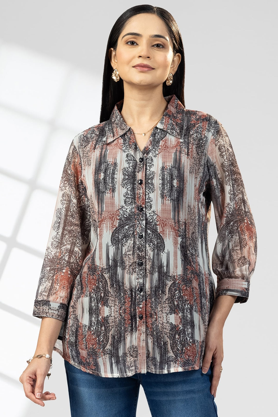 Red &amp; Black Printed Chiffon Collared Shirt