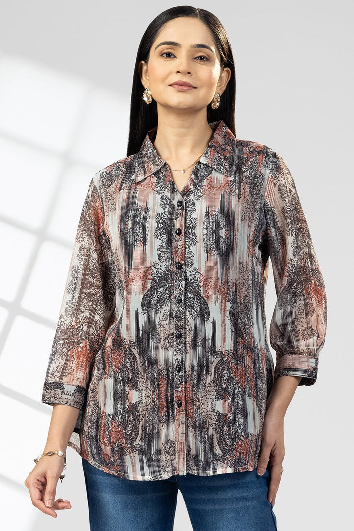 Red &amp; Black Printed Chiffon Collared Shirt