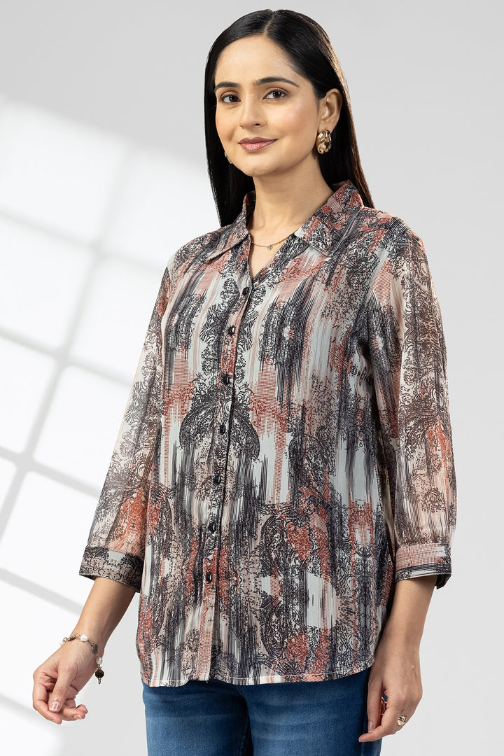 Red &amp; Black Printed Chiffon Collared Shirt
