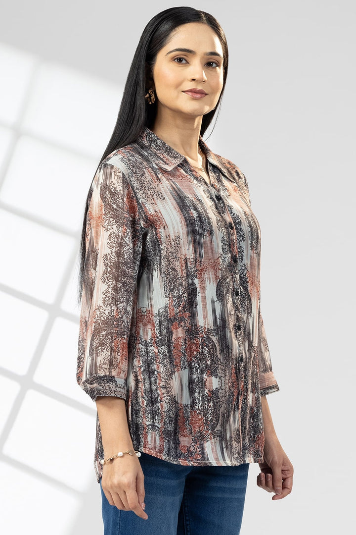 Red &amp; Black Printed Chiffon Collared Shirt