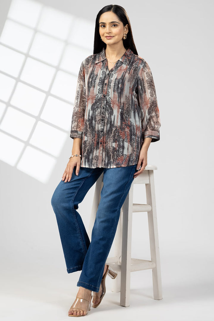 Red &amp; Black Printed Chiffon Collared Shirt