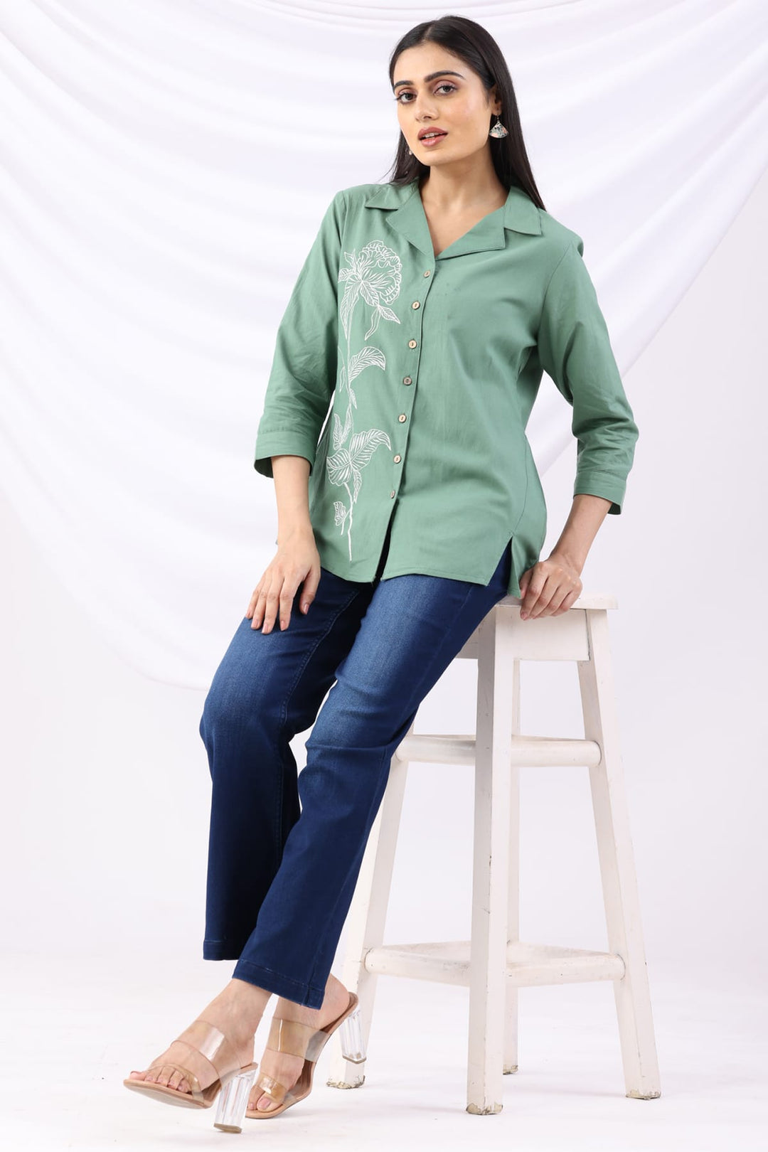 Green Viscose Cotton Embroidered Shirt
