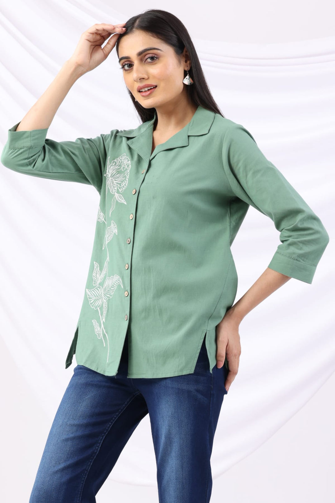 Green Viscose Cotton Embroidered Shirt