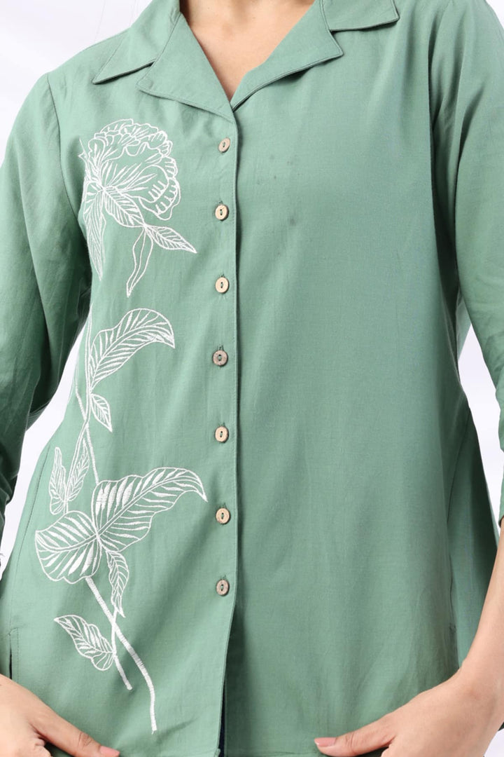 Green Viscose Cotton Embroidered Shirt