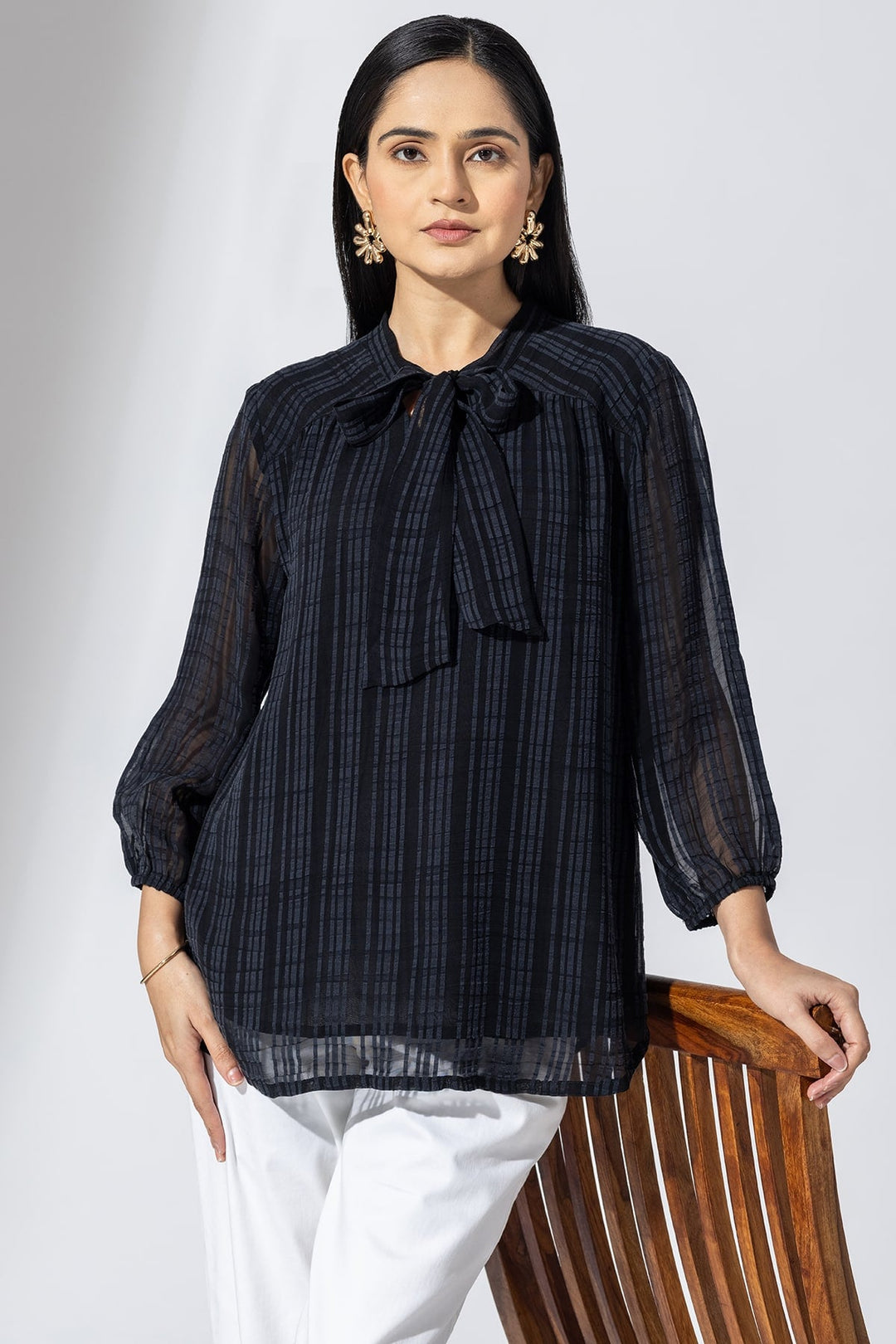 Black Striped Chiffon Casual Top with String Tie