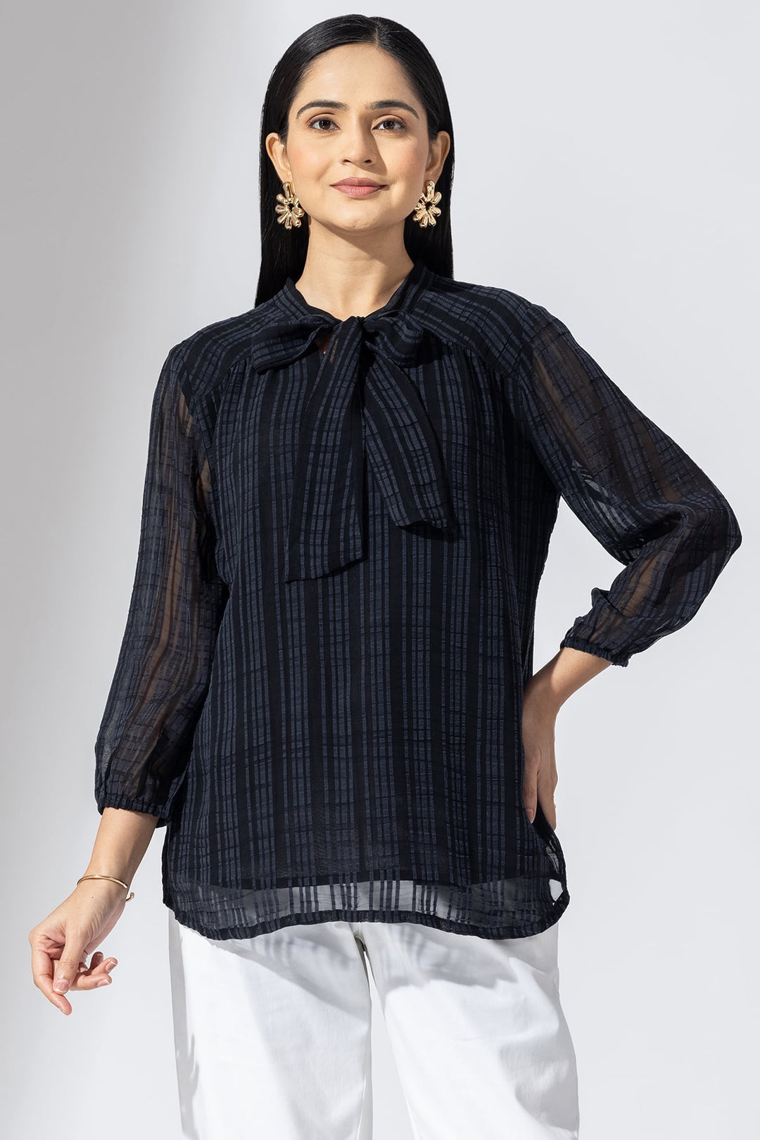 Black Striped Chiffon Casual Top with String Tie