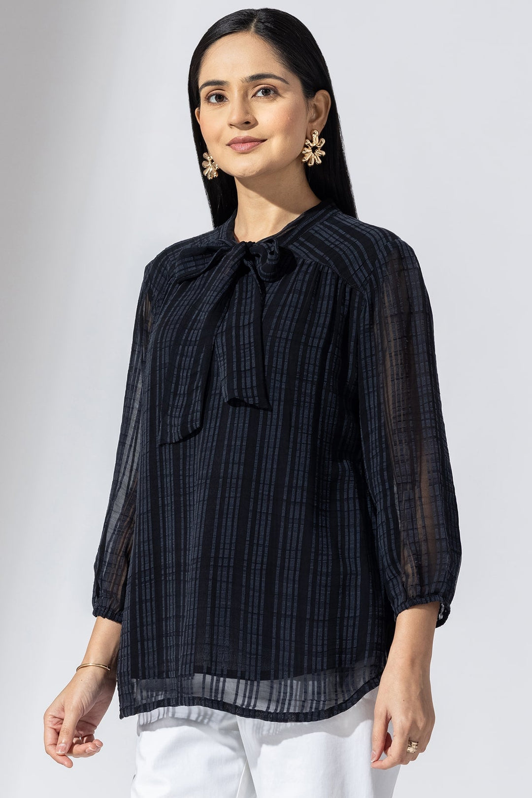 Black Striped Chiffon Casual Top with String Tie