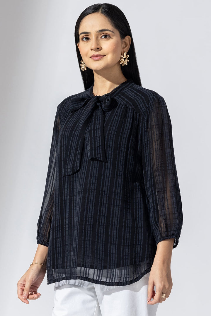 Black Striped Chiffon Casual Top with String Tie