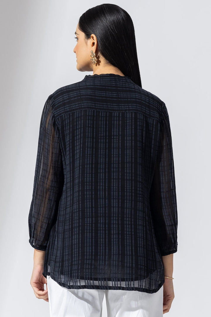 Black Striped Chiffon Casual Top with String Tie