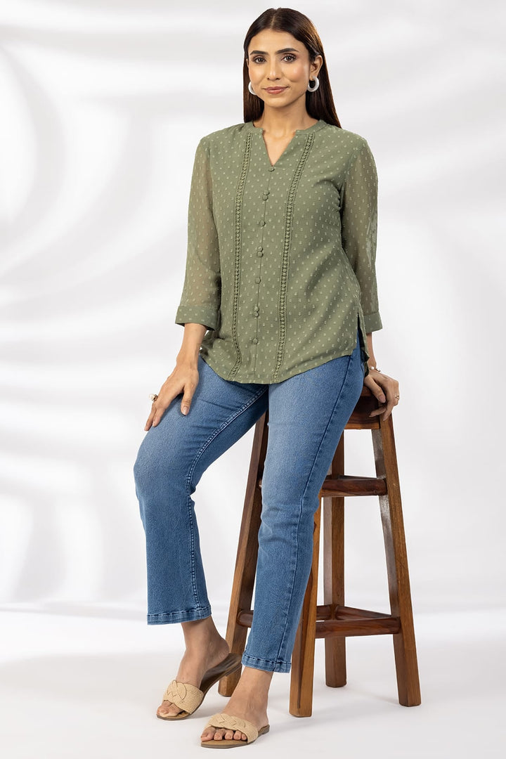 Olive Green Marble Chiffon Butta Casual Top with Mandarin Collar