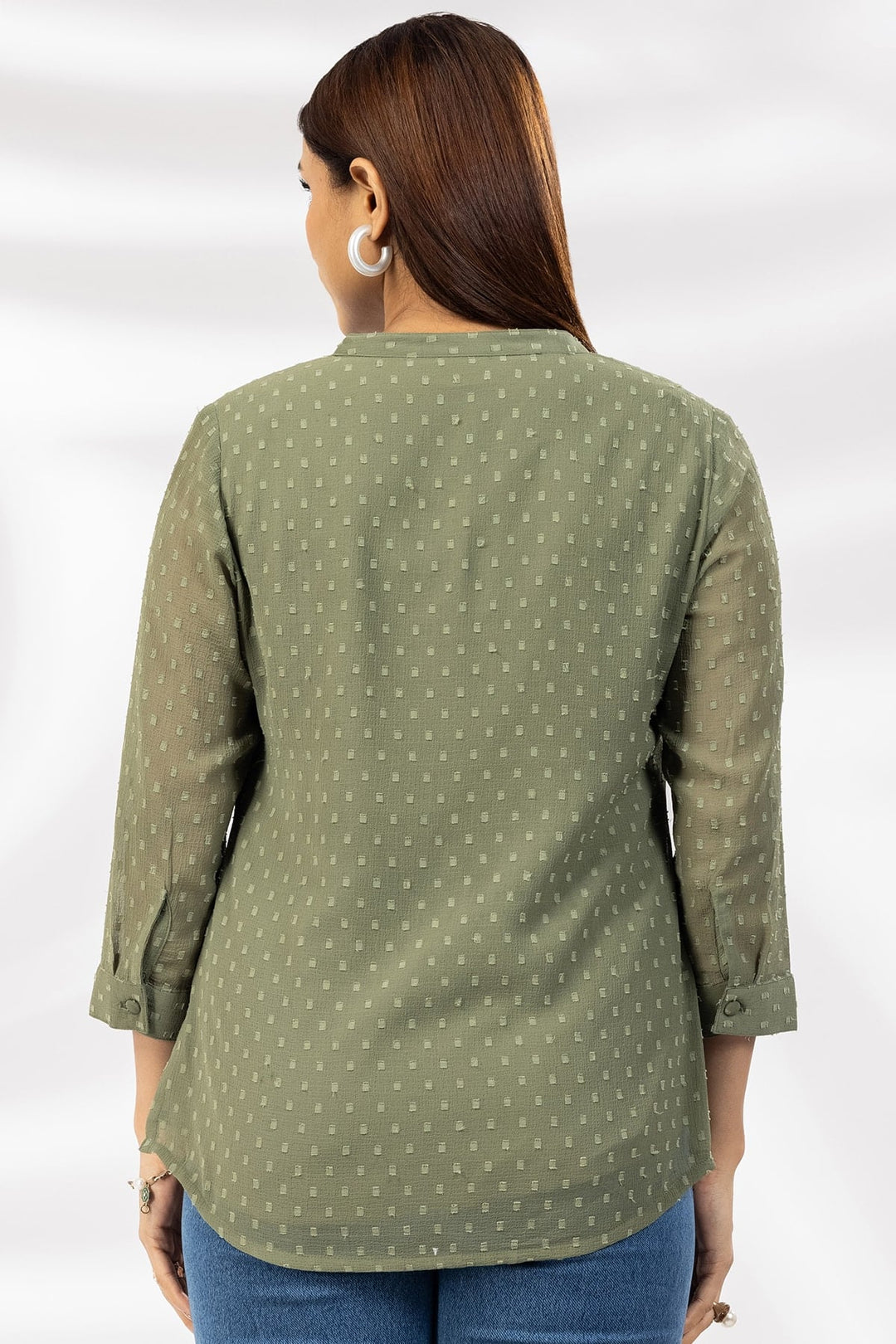 Olive Green Marble Chiffon Butta Casual Top with Mandarin Collar