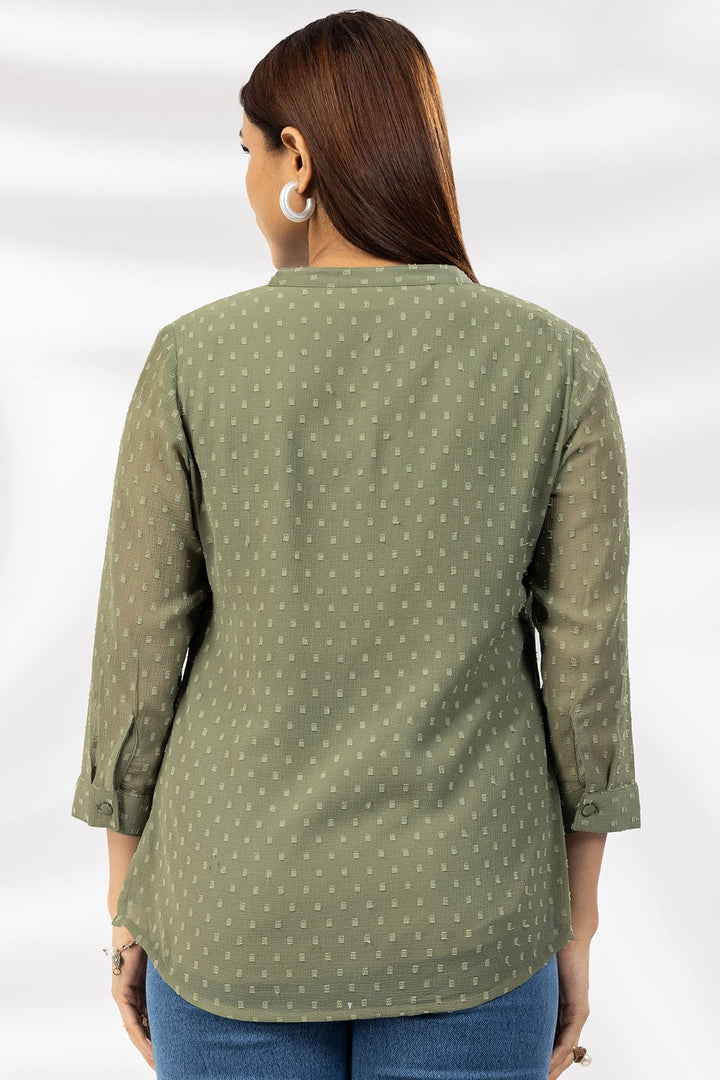 Olive Green Marble Chiffon Butta Casual Top with Mandarin Collar