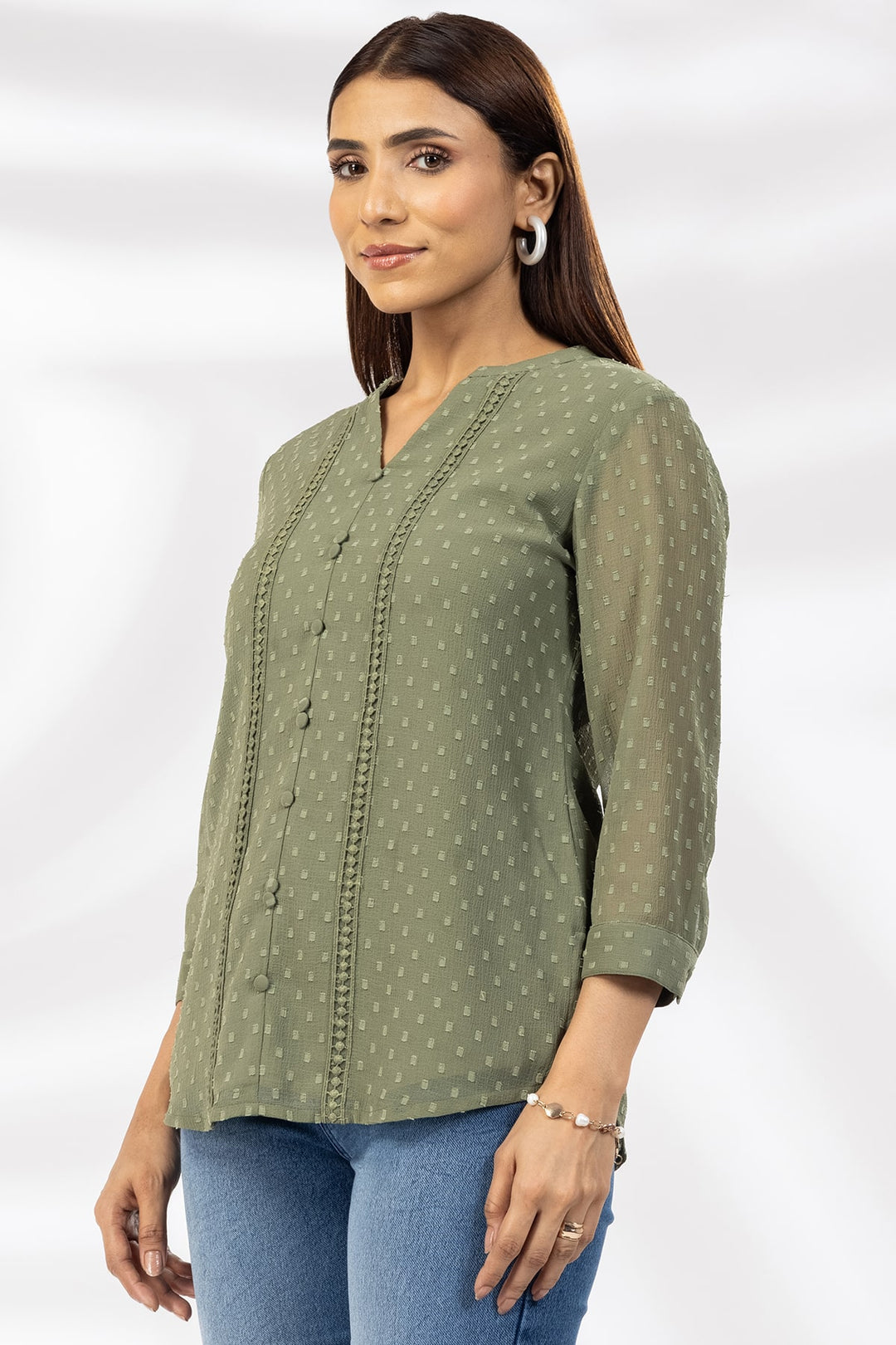 Olive Green Marble Chiffon Butta Casual Top with Mandarin Collar