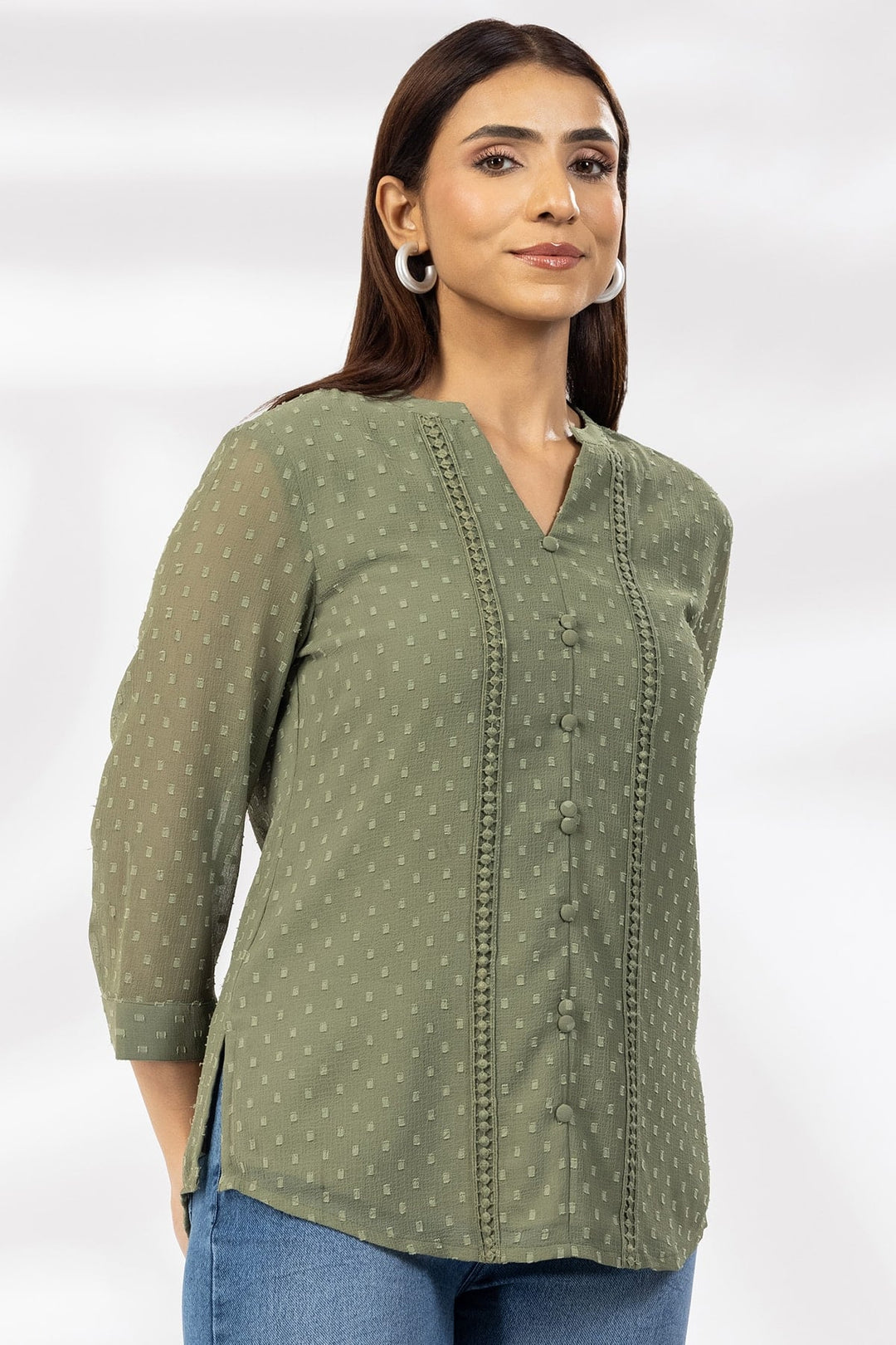 Olive Green Marble Chiffon Butta Casual Top with Mandarin Collar
