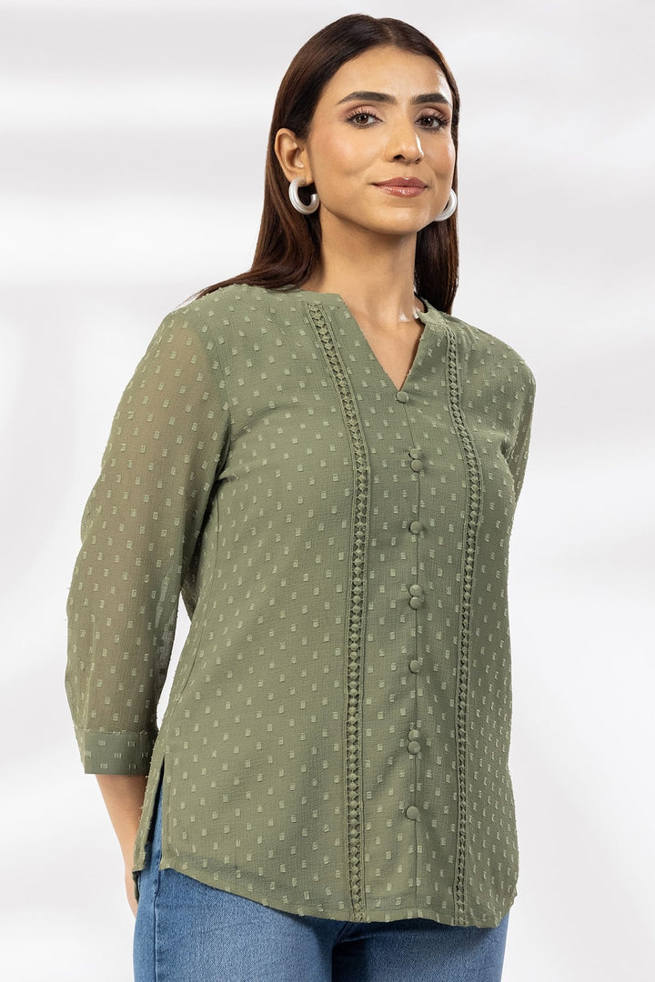 Olive Green Marble Chiffon Butta Casual Top with Mandarin Collar