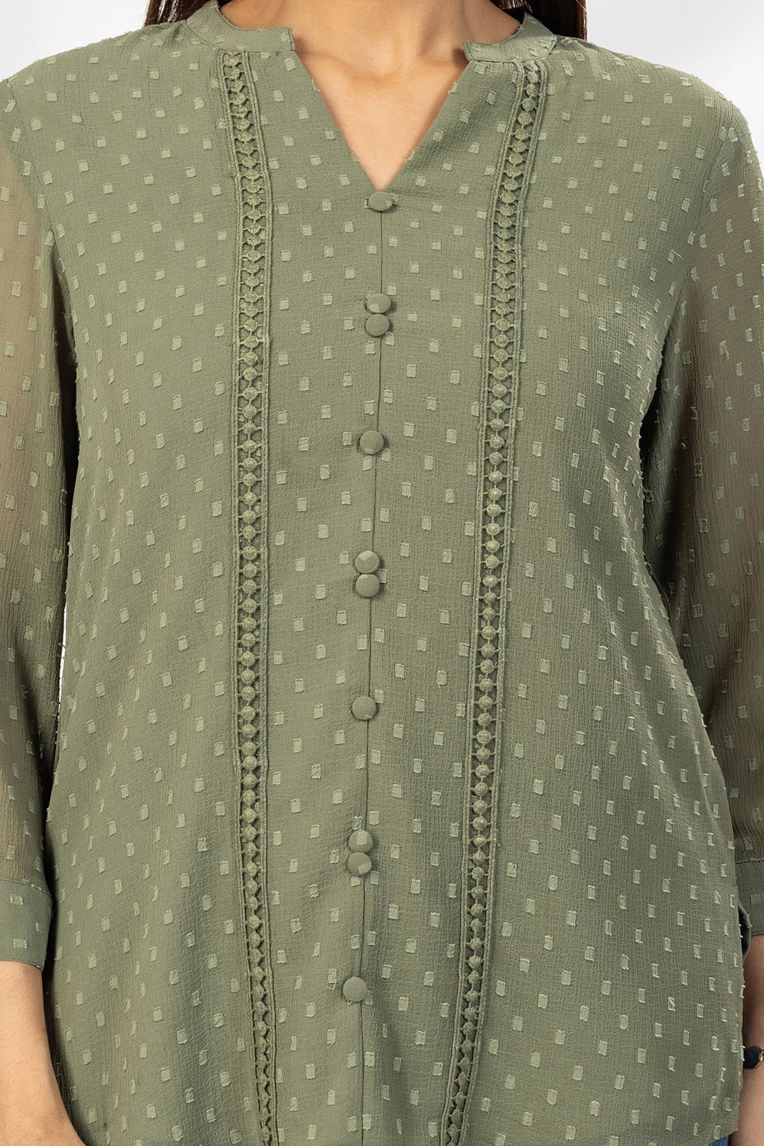 Olive Green Marble Chiffon Butta Casual Top with Mandarin Collar