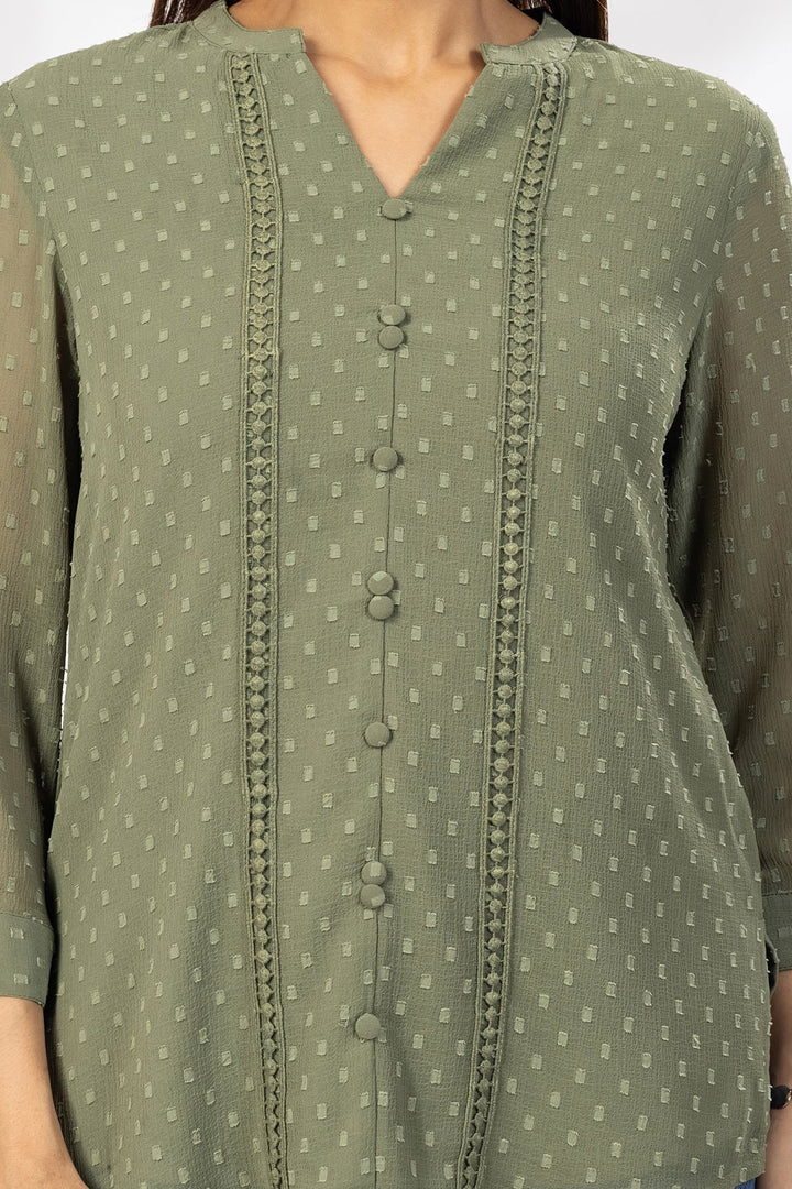 Olive Green Marble Chiffon Butta Casual Top with Mandarin Collar