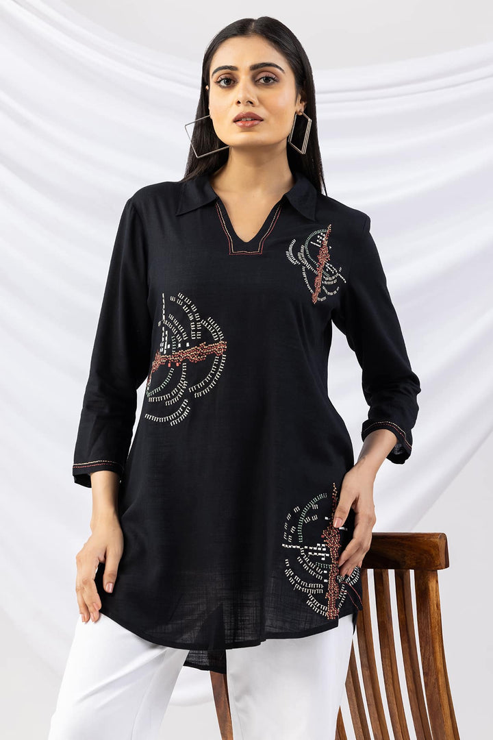 Black Viscose Slub Embroidered Tunic with Collar and 3/4th Sleeves