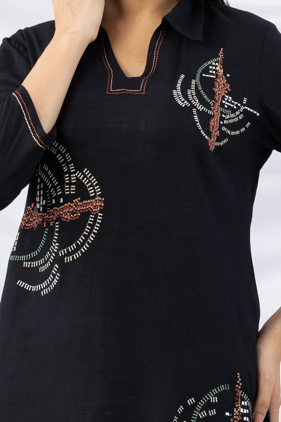 Black Viscose Slub Embroidered Tunic with Collar and 3/4th Sleeves