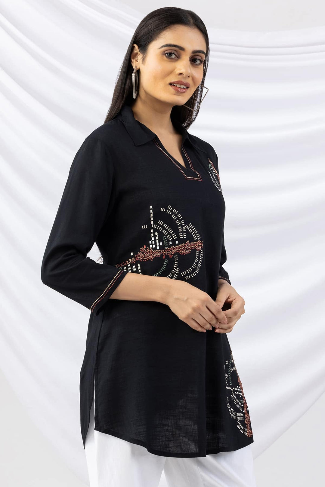 Black Viscose Slub Embroidered Tunic with Collar and 3/4th Sleeves