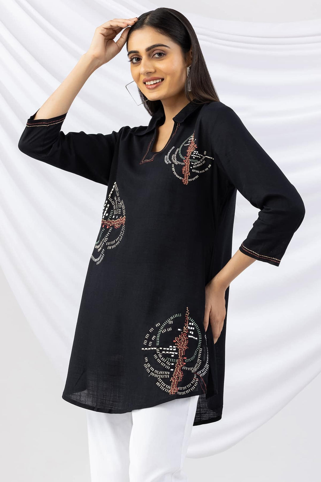 Black Viscose Slub Embroidered Tunic with Collar and 3/4th Sleeves