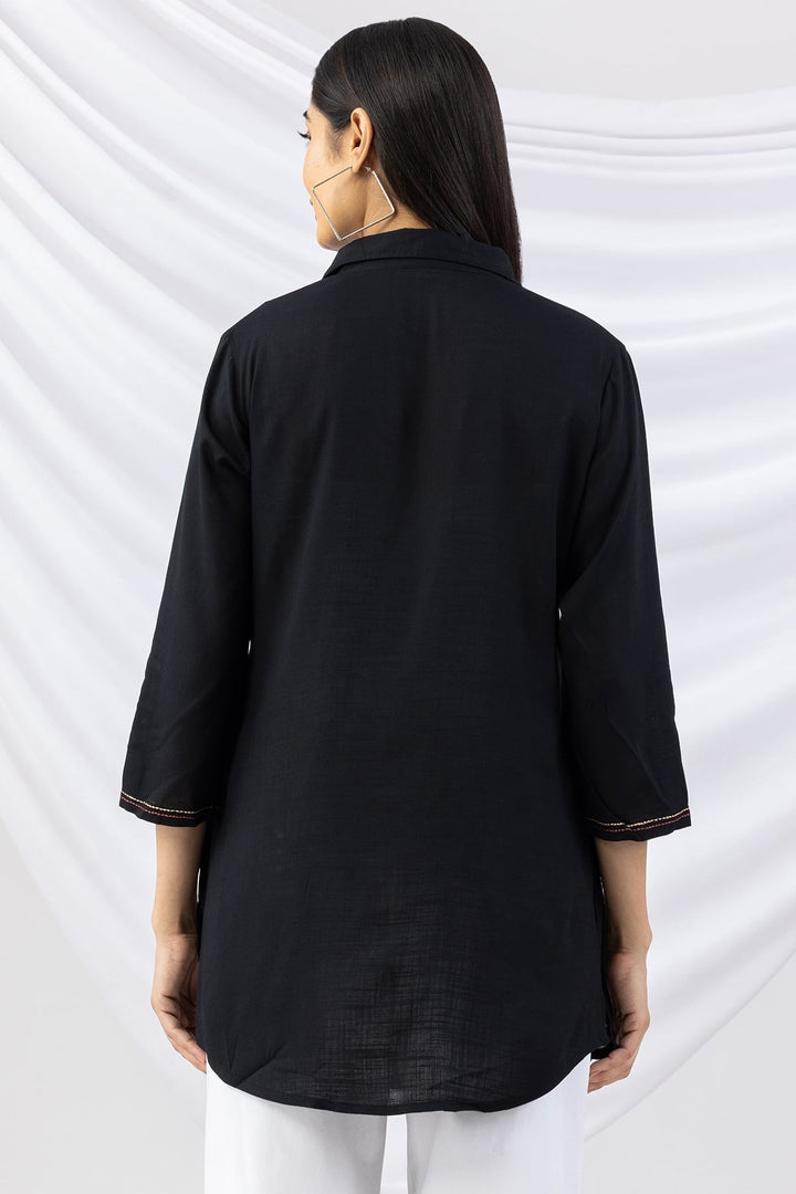 Black Viscose Slub Embroidered Tunic with Collar and 3/4th Sleeves