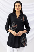 Black Viscose Slub Embroidered Tunic with Collar and 3/4th Sleeves