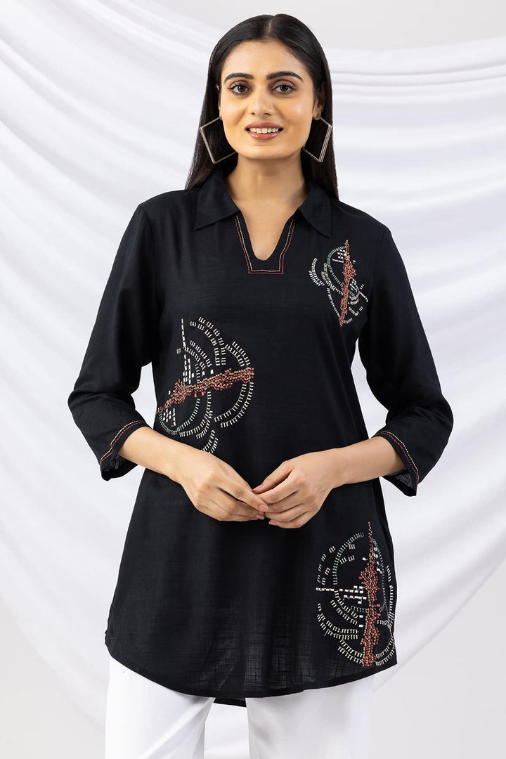 Black Viscose Slub Embroidered Tunic with Collar and 3/4th Sleeves