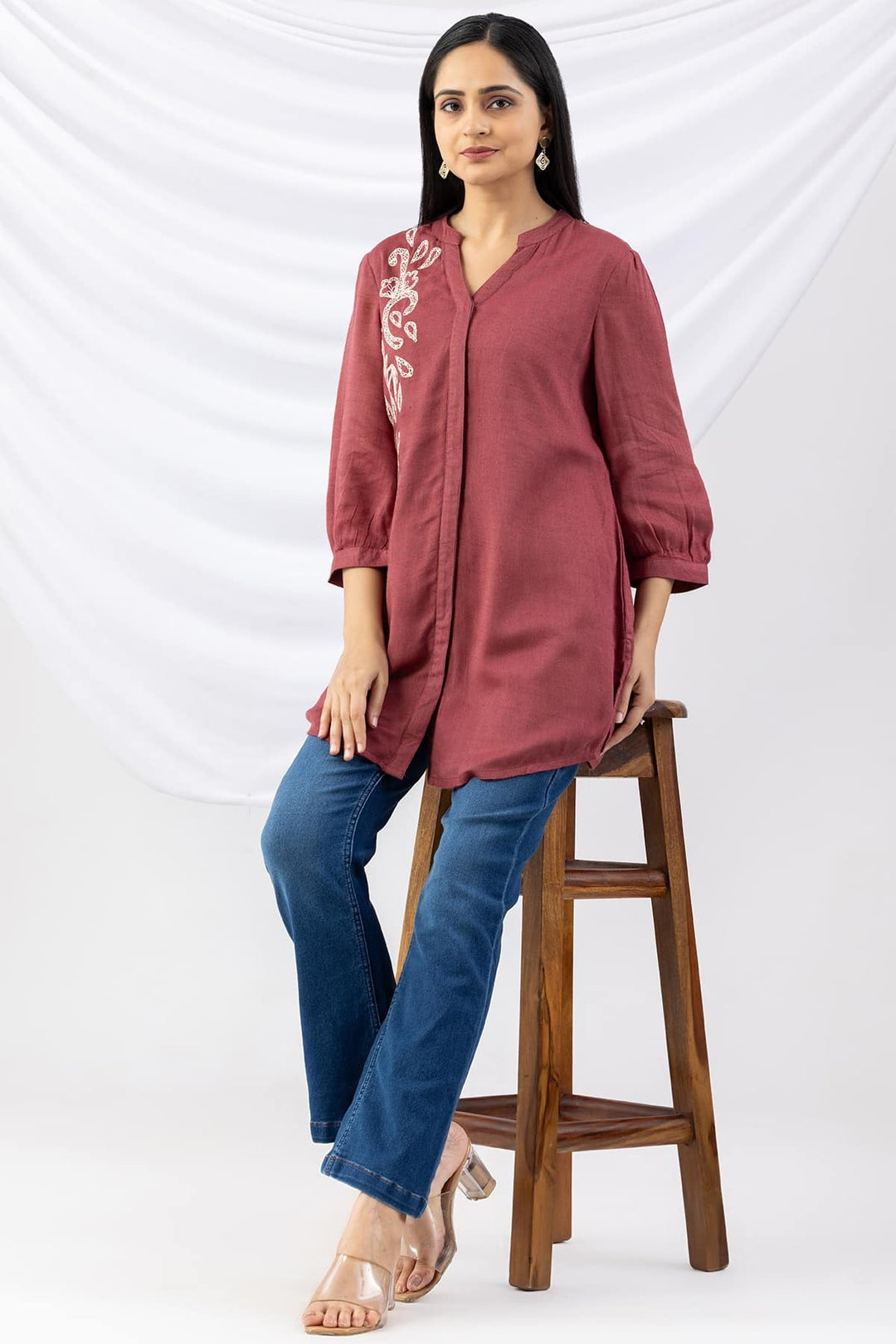 Dusty Red Embroidered Viscose Moss Tunic with Mandarin Collar &amp; 3/4 Sleeves