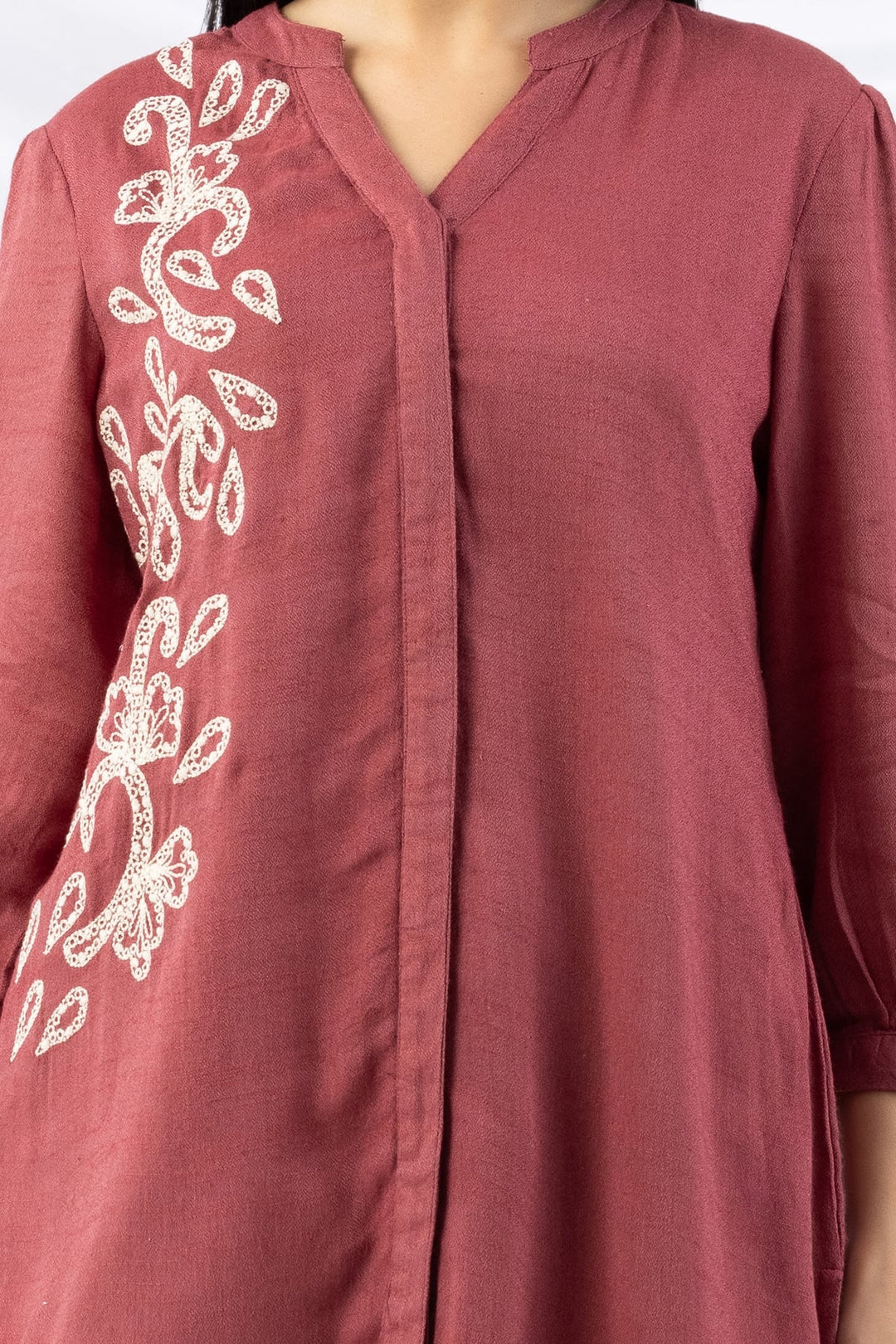 Dusty Red Embroidered Viscose Moss Tunic with Mandarin Collar &amp; 3/4 Sleeves